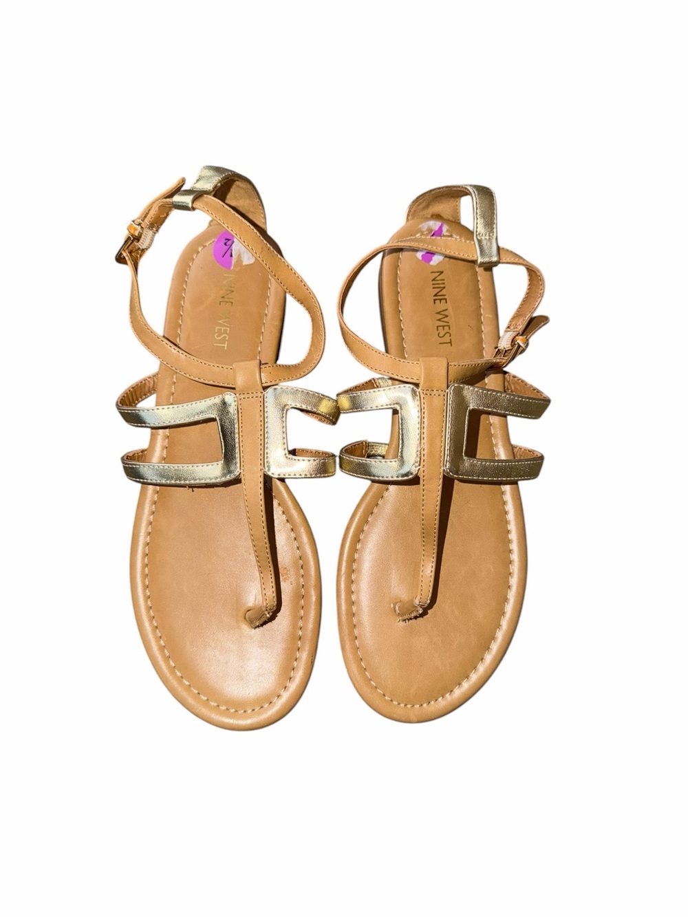 Nine West Tan T-Strap Sandals with Gold Metallic Straps Size 8.5 M